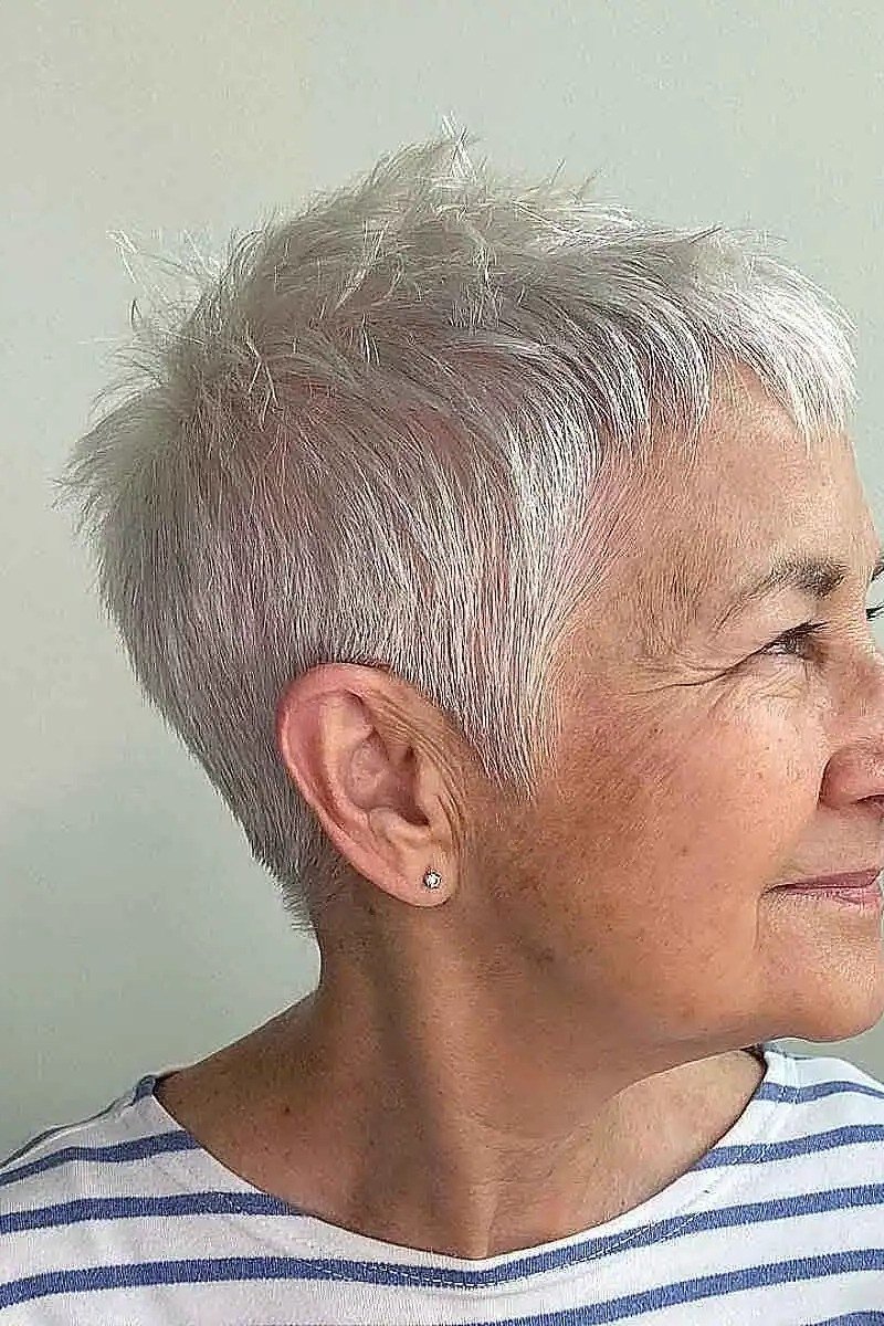 Gray Spiky Pixie with Playful Points on a woman over 70