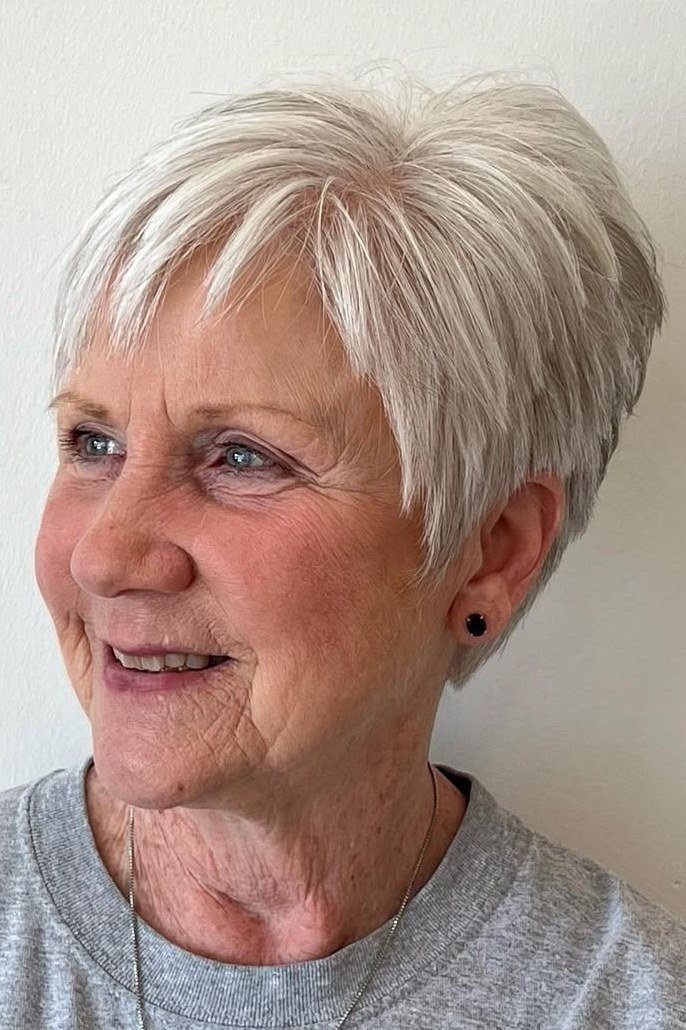 Bright White Pixie with Rounded Crown on a woman over 70