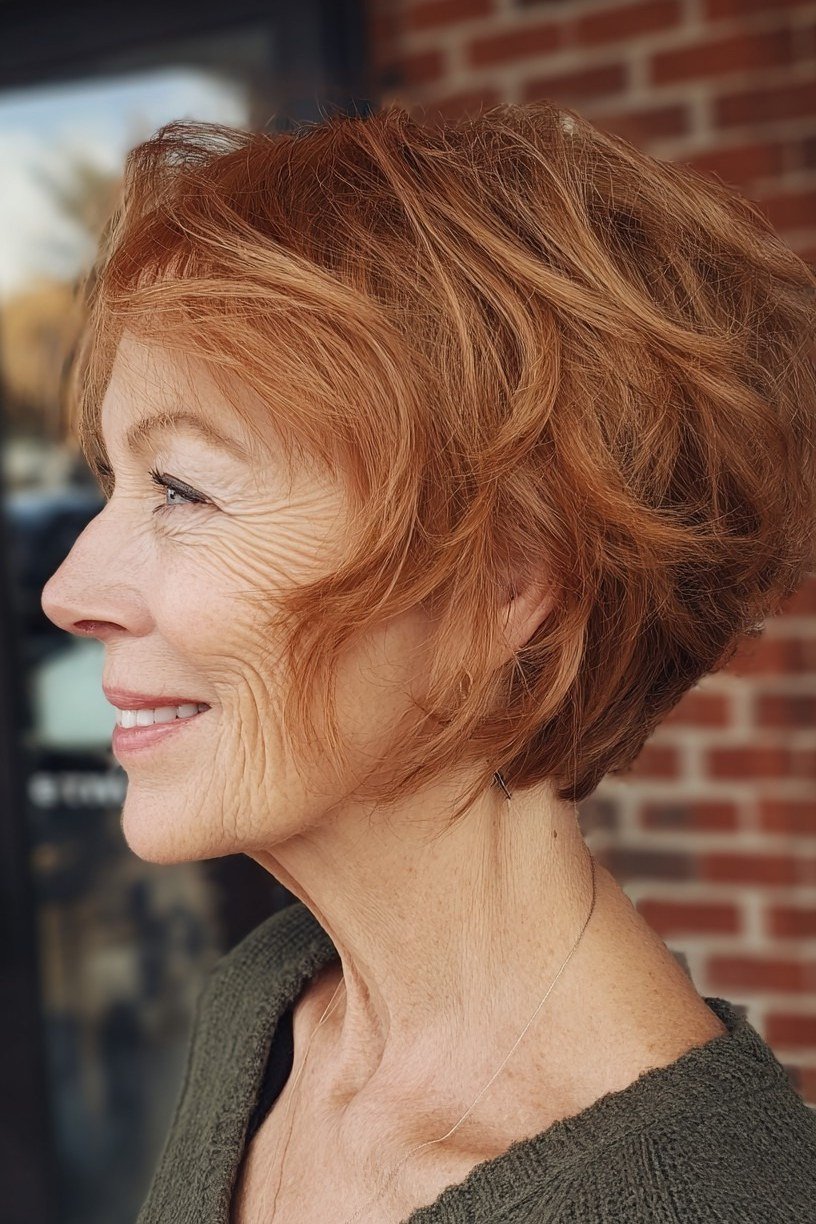 Copper-Red Pixie with Warm Glow on a woman over 70