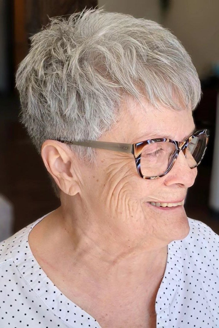 Gray Pixie with a Side Profile Shape on a woman over 70