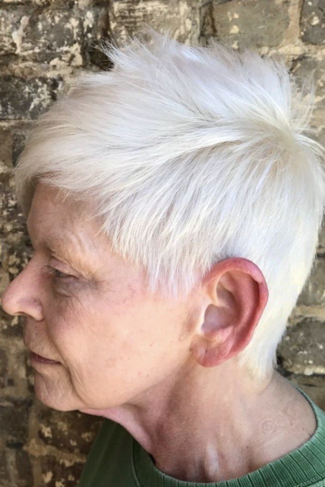 White Pixie with a Soft Side Part on a woman over 70
