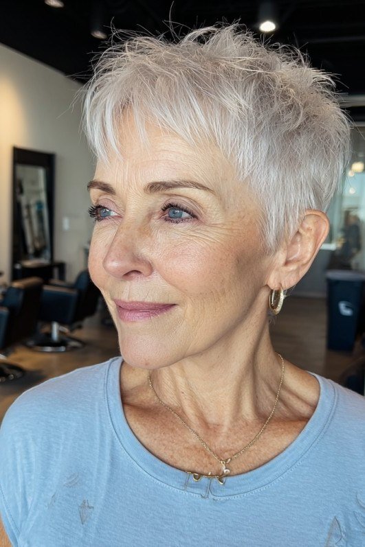 Fresh White Pixie with Salon Polish on a woman over 70