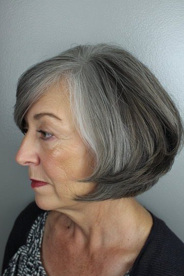 Gray Layered Bob with a Side Profile on a woman over 70
