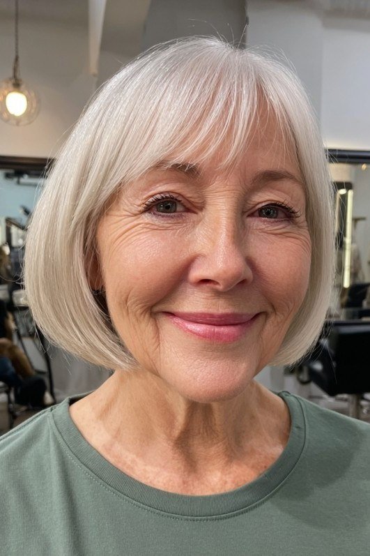 White Bob with Soft Bangs on a woman over 70