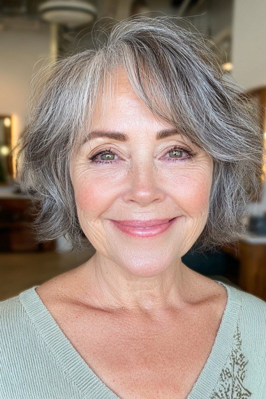 Gray Layered Bob with a Bright Smile on a woman over 70