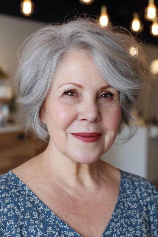 Bright Silver Bob with Clean Lines on a woman over 70