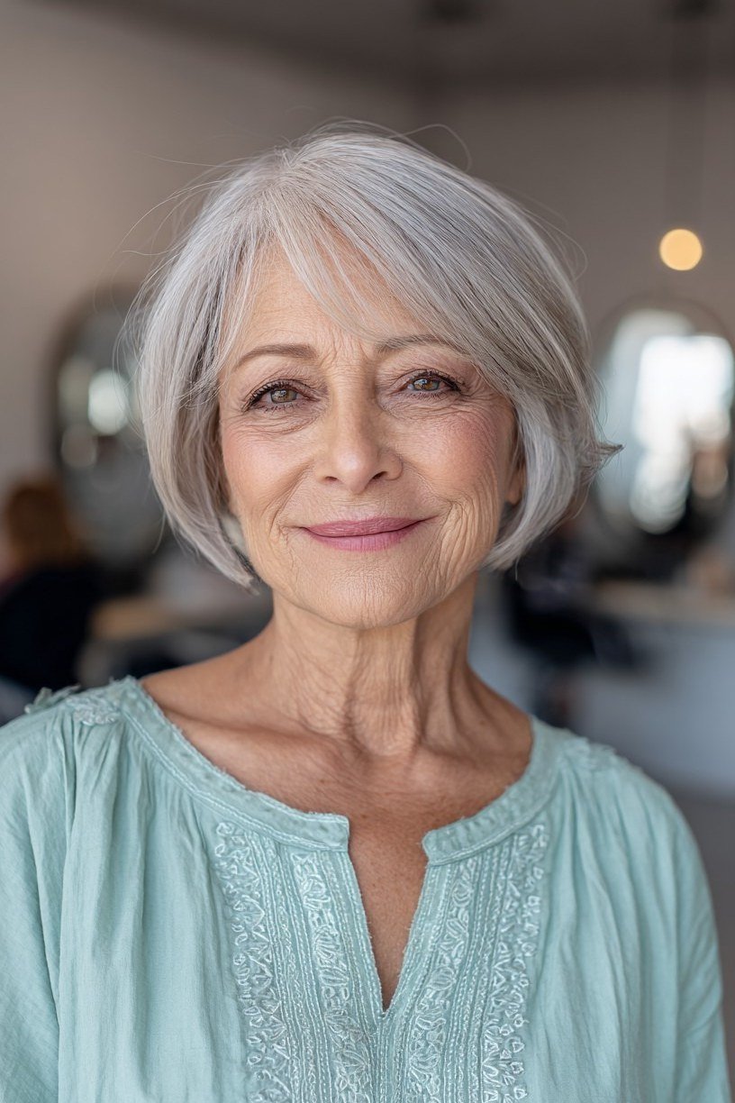 Silver Bob with a Cheerful Finish on a woman over 70