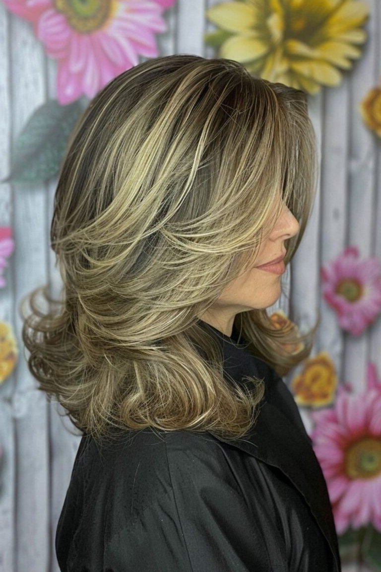 Blonde Layered Lob with Shoulder Length on a woman over 70