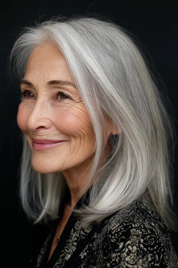 Long Silver Hair with Soft Waves on a woman over 70