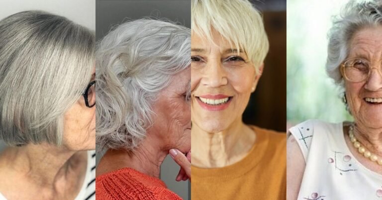 Collage of simple hairstyles for women over 70: pixie cuts, bobs and easy updos