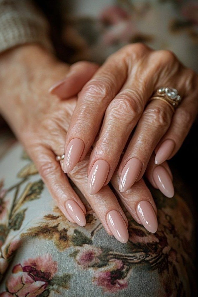 Natural Nude Almond Nails - simple nail design for women over 60