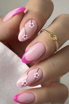 Pink Nails with White Floral Art and Pink Tips - simple nail design for women over 60