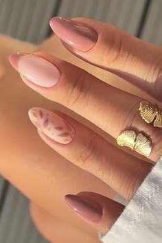 Mauve Pink Nails with White Leaf Art - simple nail design for women over 60