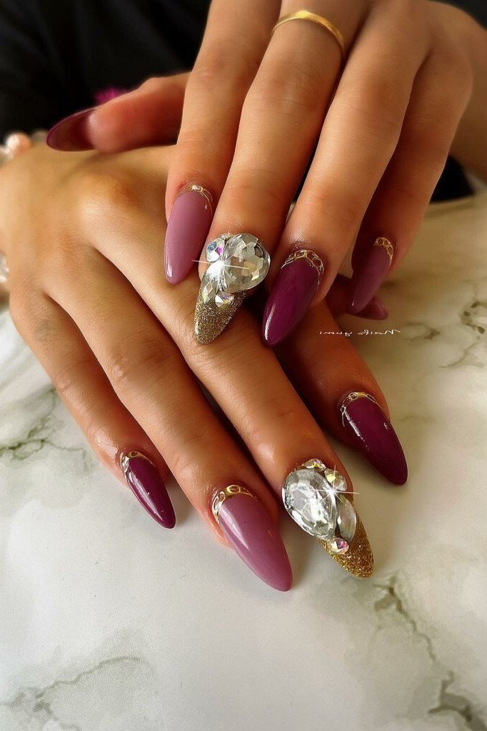 Deep Plum Nails with Crystal Accents - simple nail design for women over 60