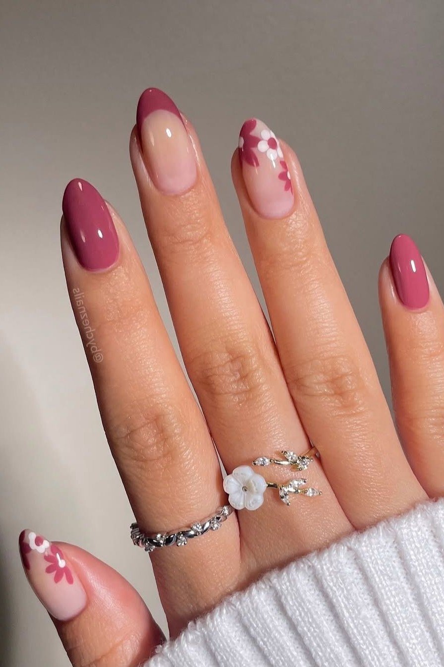 Raspberry Mauve Nails with White Daisy Art - simple nail design for women over 60