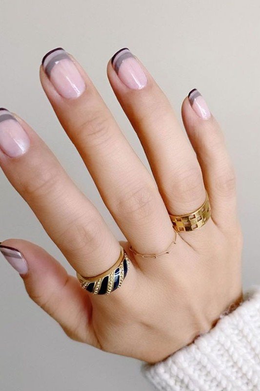 Sheer Pink Nails with Grey French Tips - simple nail design for women over 60