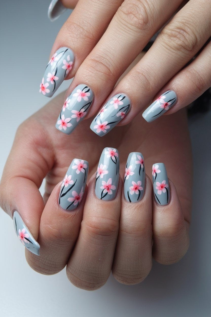 Grey Nails with Pink Cherry Blossom Art - simple nail design for women over 60