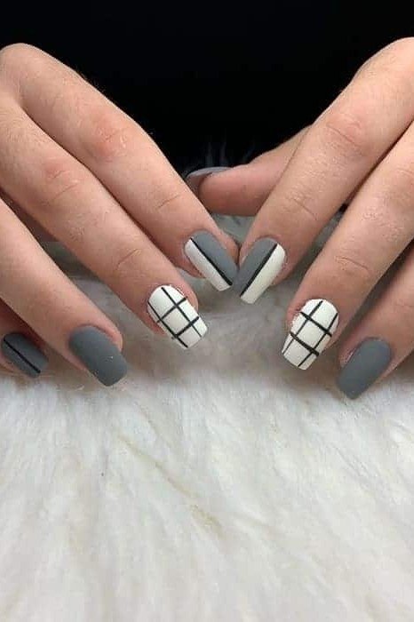Grey Nails with White Grid Accents - simple nail design for women over 60
