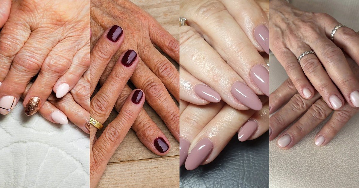 70 simple nail designs for women over 60 collage - nude, burgundy, mauve and ivory nails