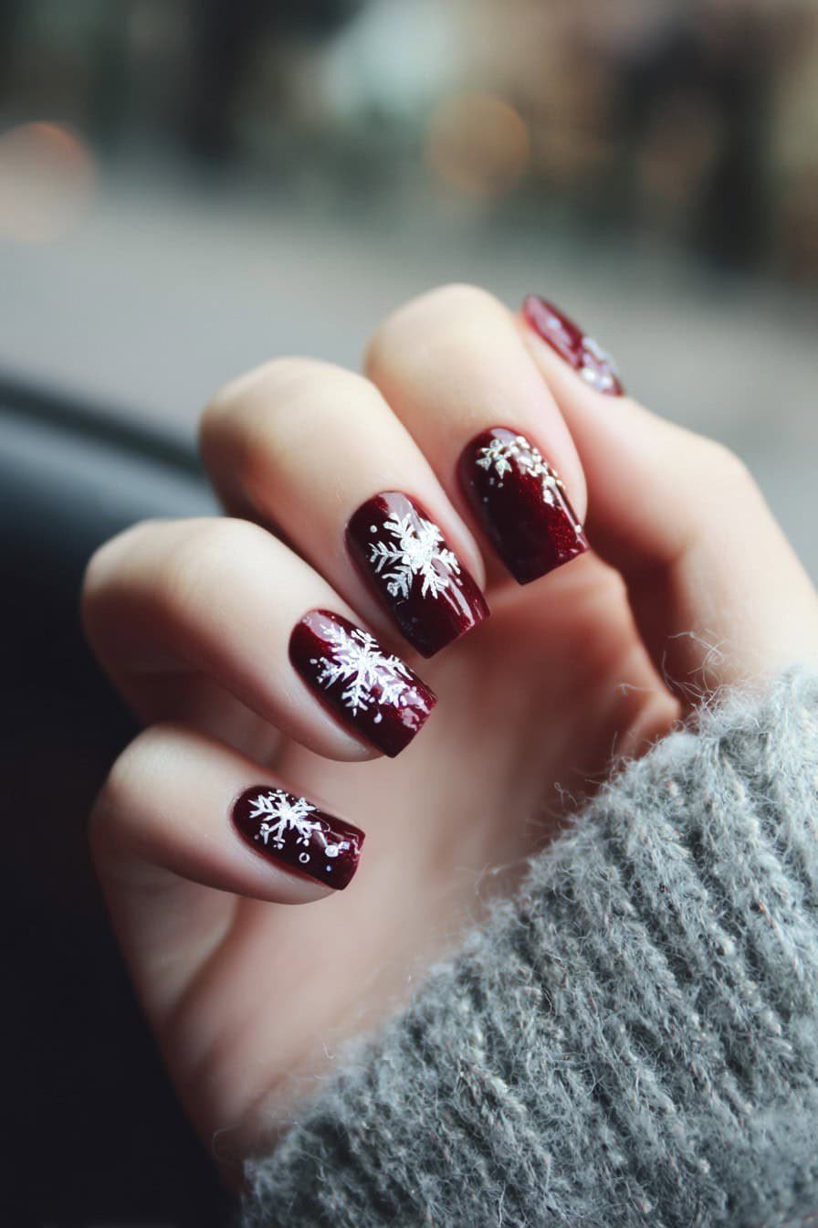Close-up of large white snowflake nail art on deep burgundy polish, winter design