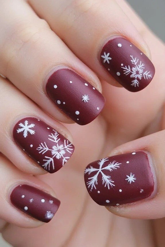 Mauve nails with delicate white snowflake nail art, soft elegant winter manicure