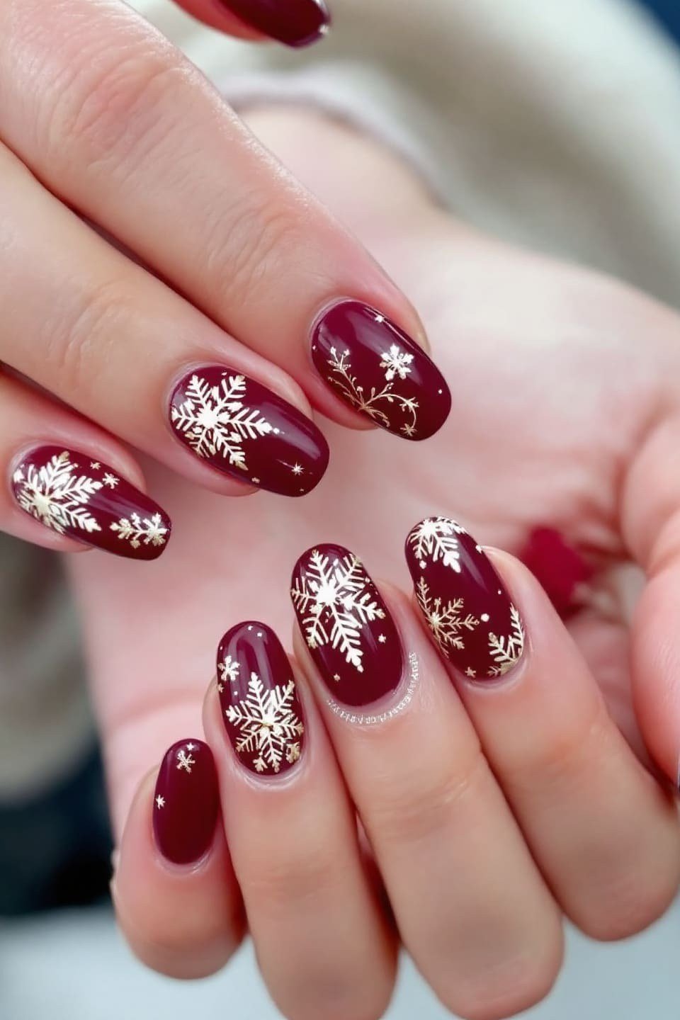 Burgundy nails with dainty white snowflakes on every nail, festive winter manicure