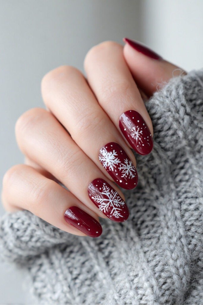 Red sweater knit nails with white snowflakes, cozy cable-knit winter nail art