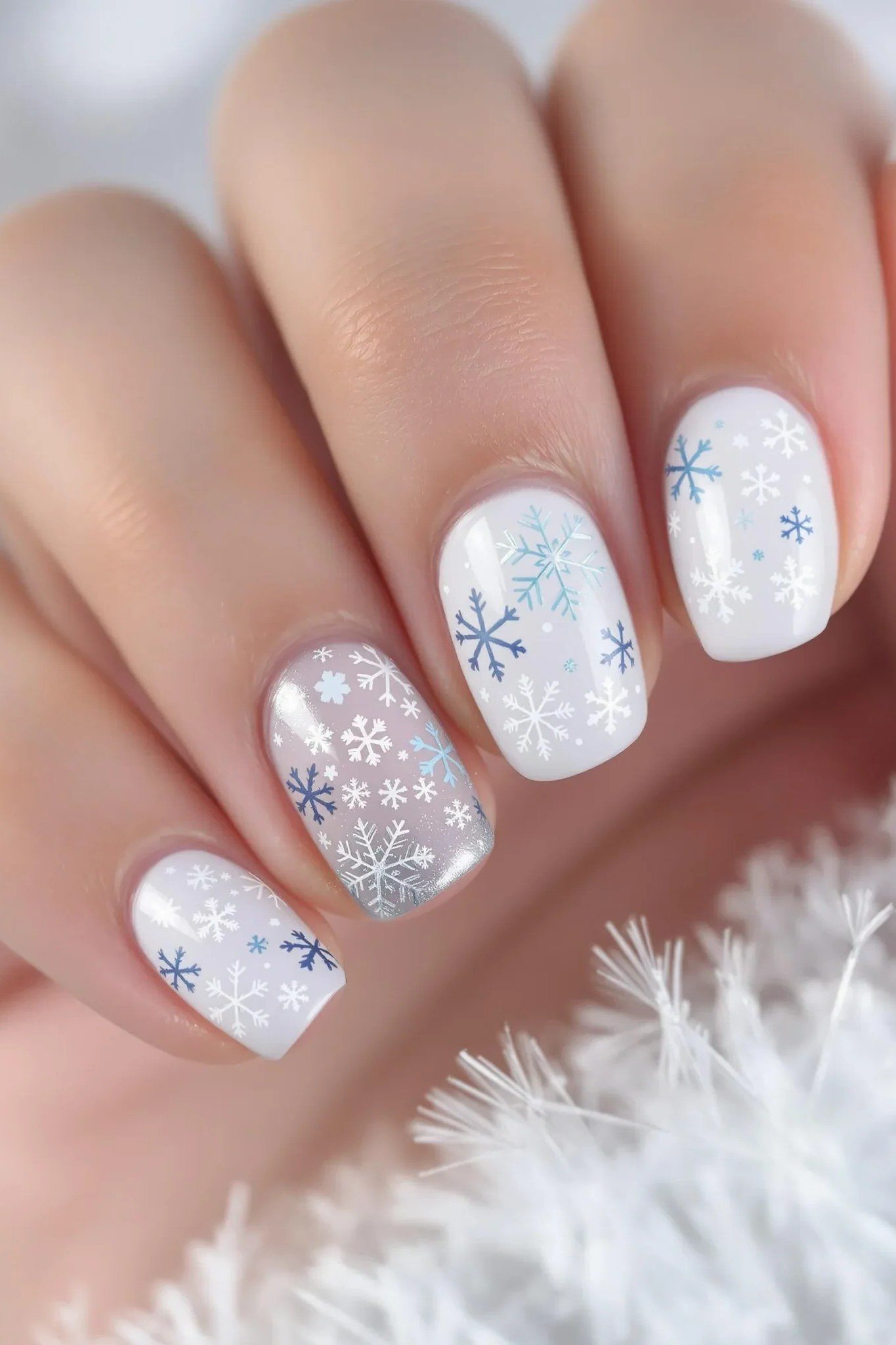 White nails with icy blue snowflake nail art, crisp clean winter manicure