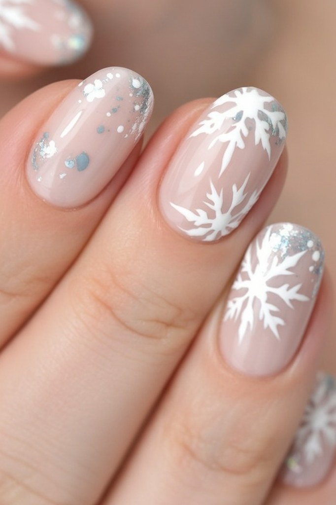 Nude nails with one detailed white snowflake close-up, subtle winter nail art