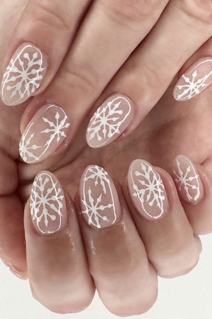 White snowflake lace nail art over soft base, delicate feminine winter manicure