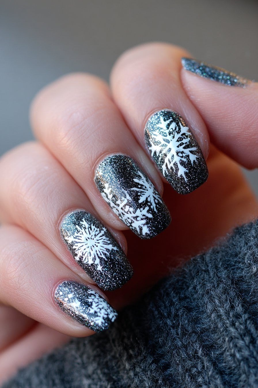 Black nails with silver snowflake nail art, bold chic winter manicure design