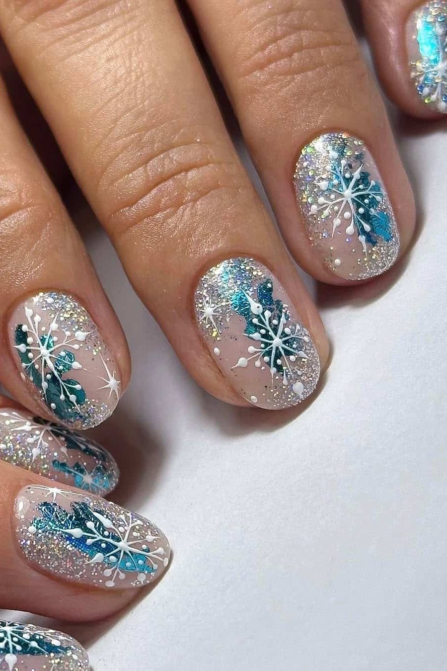 Blue glitter nails with white snowflakes, sparkling holiday winter nail art