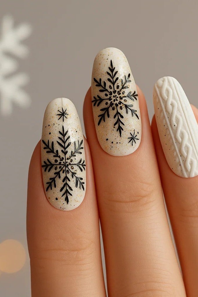 White nails with gold snowflake nail art, glamorous holiday winter manicure