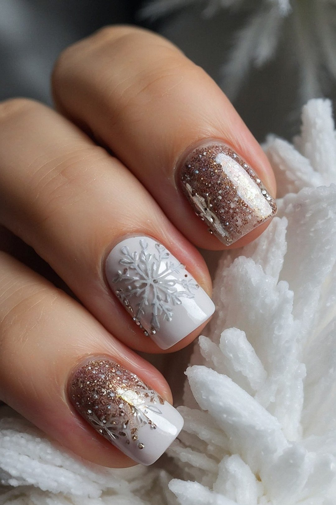 Gold glitter nails with white snowflake accents, sparkling holiday manicure
