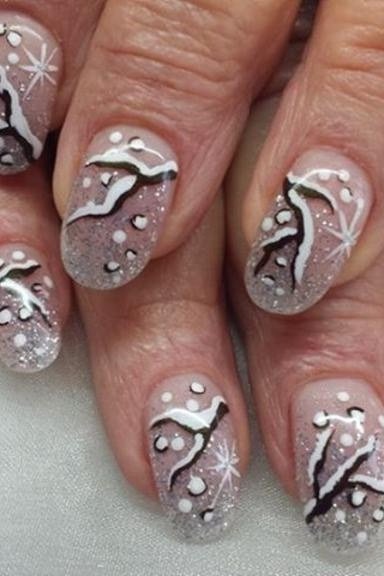 Gray marble nails with delicate white snowflakes, modern artistic winter manicure