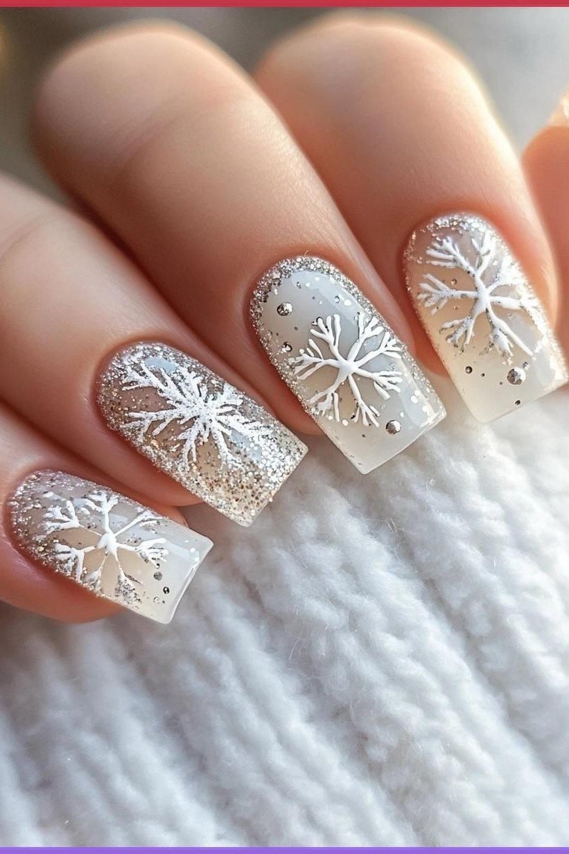 White nails with detailed silver snowflake close-up, delicate winter nail art