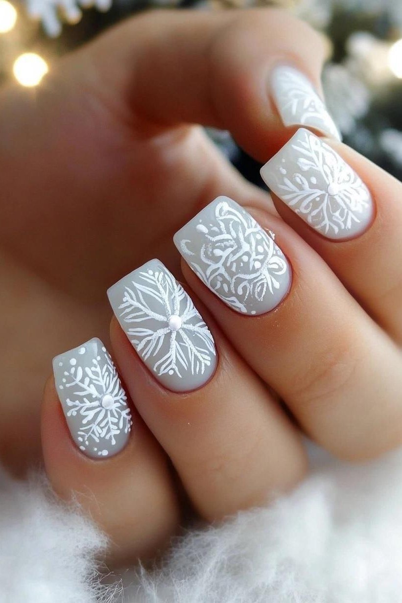 Clean white nails with crisp snowflake nail art, fresh modern winter manicure