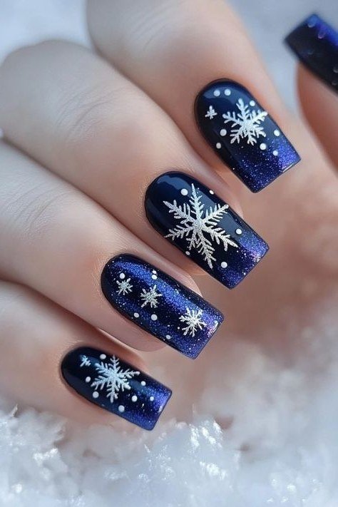 Deep navy nails with white snowflake nail art, sophisticated winter manicure
