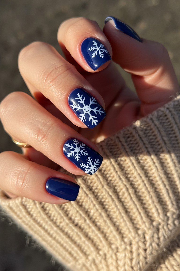 Short blue nails with white snowflake art, neat practical winter manicure