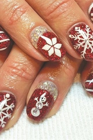 Red sweater knit nails with white snowflakes, cozy 3D cable-knit winter nail art