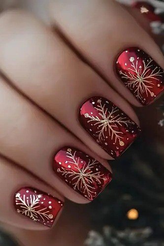 Dark red nails with gold snowflake nail art, old Hollywood holiday glam manicure