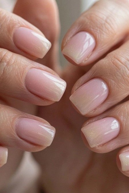 Pale pink short oval nails close-up