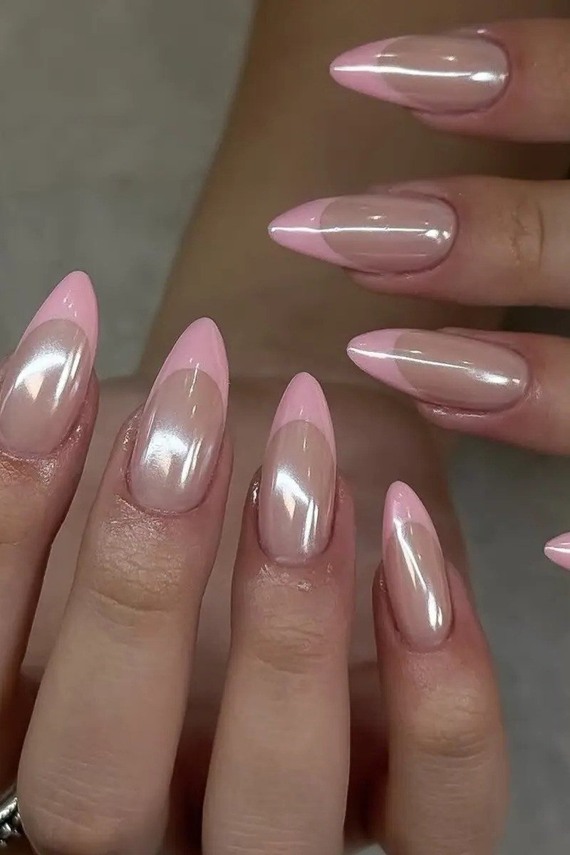 Pink Velvet French Nails, soft pink nail idea for women over 70