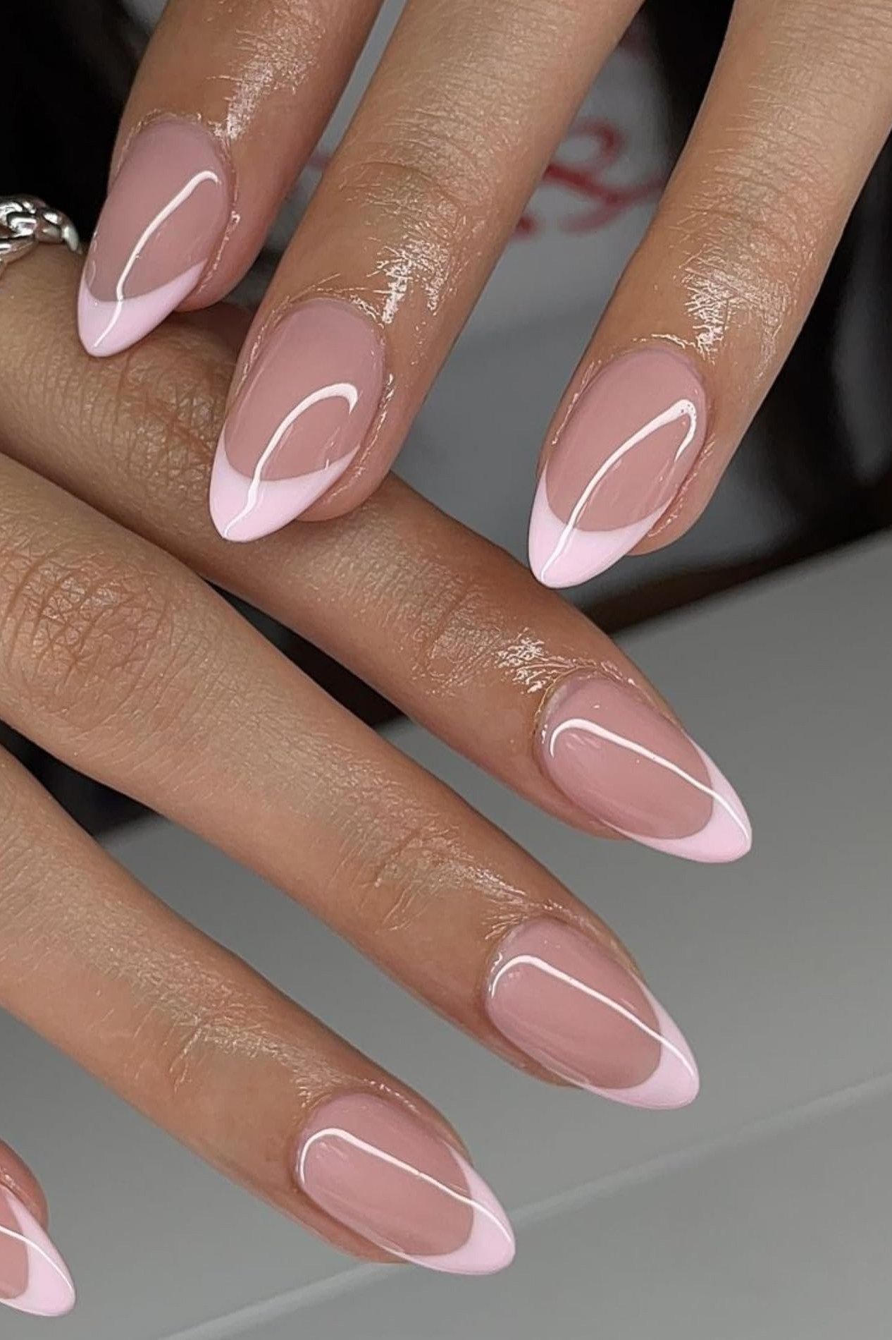 Sheer Pink Reverse French Nails, soft pink nail idea for women over 70
