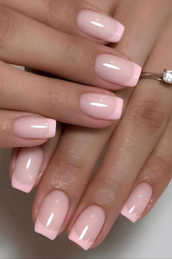 Blush Angled French Nails, soft pink nail idea for women over 70