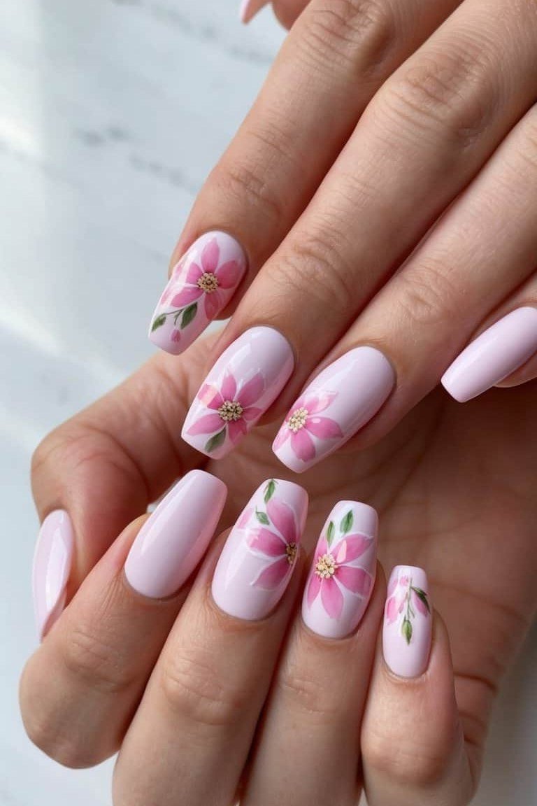 Pink Crystal Nails, soft pink nail idea for women over 70