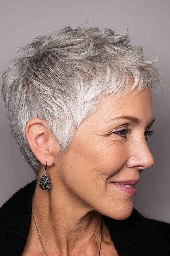 Soft textured silver pixie cut for women over 60