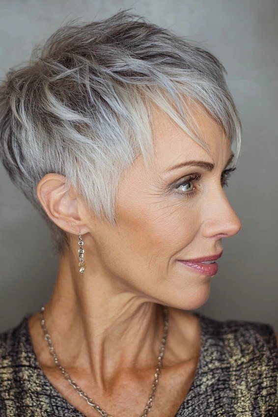 Side swept spiky silver pixie cut for women over 60