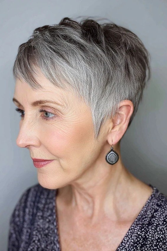 Silver pixie cut with soft wispy fringe for older women