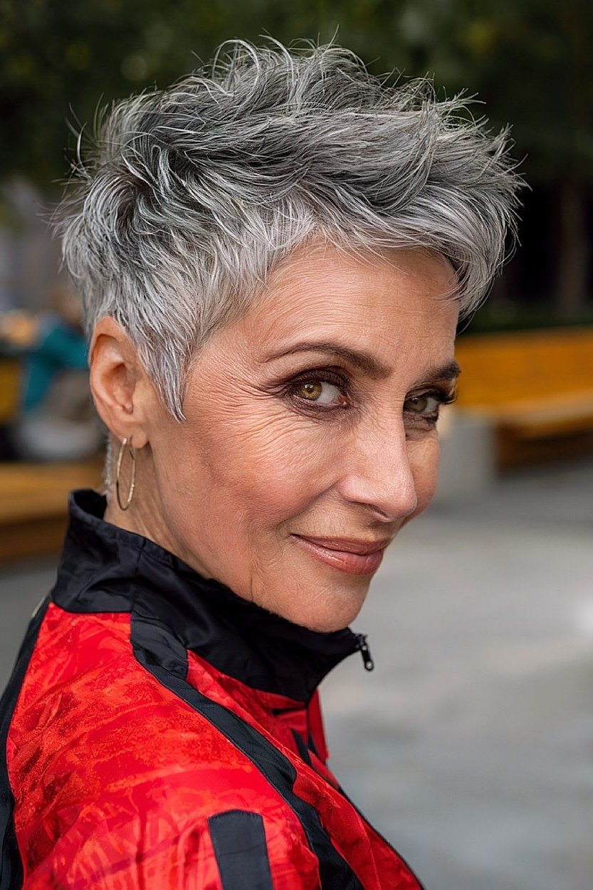 Outdoor tousled spiky silver pixie haircut for older women